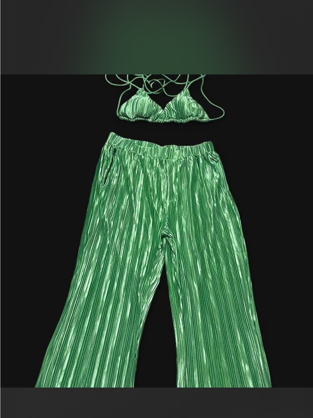 Hey Babe Medium  Green Pleated Bikini Top and Wide-Leg Pants Set